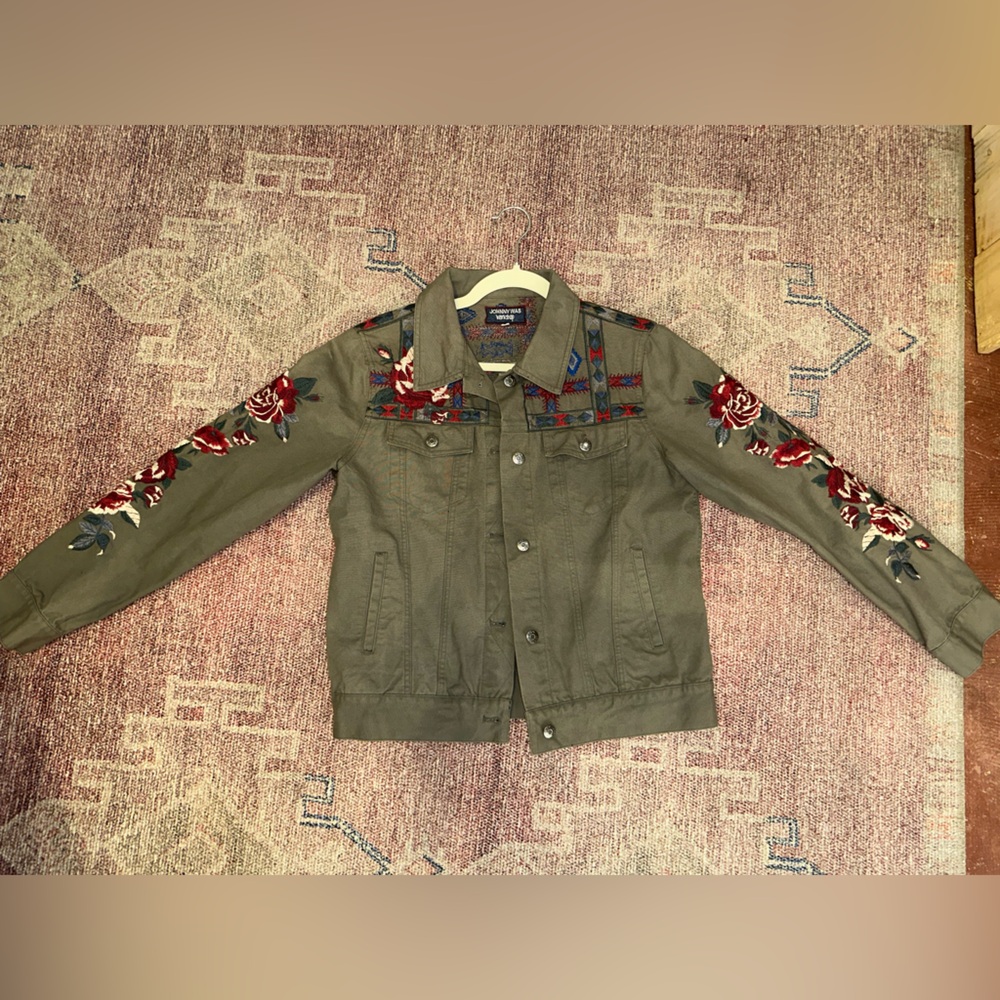 Johnny Was green khaki embroidered floral denim jean jacket roses size small - Picture 2 of 10